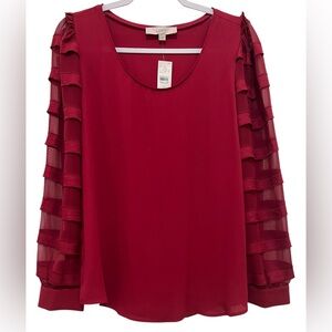 NWT Loft women’s Small round neck cranberry blouse with long sheer sleeves